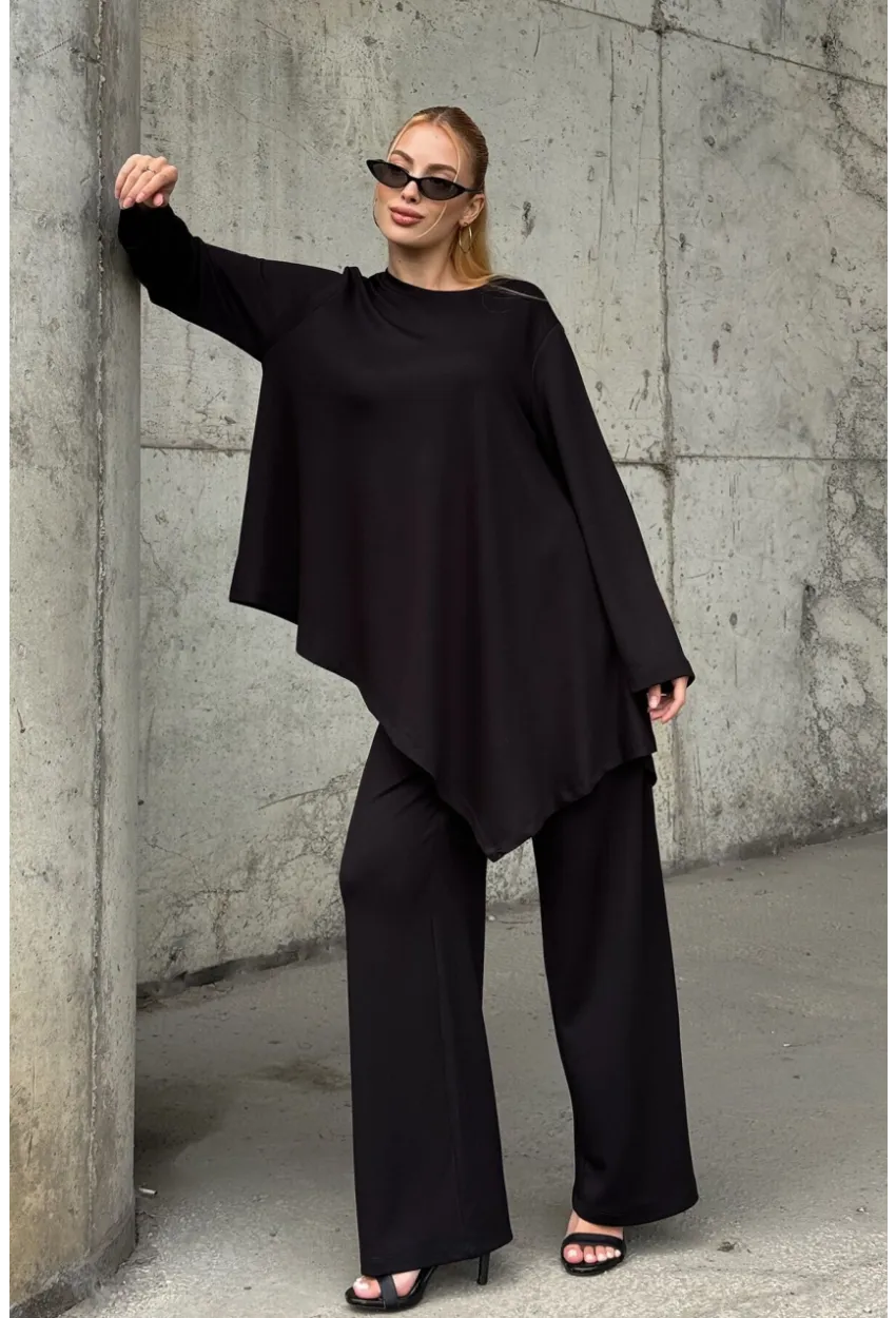 Rahat Kalıp Asimetrik Bluz Ve Pantolon Modal Kumaş Takım Siyah