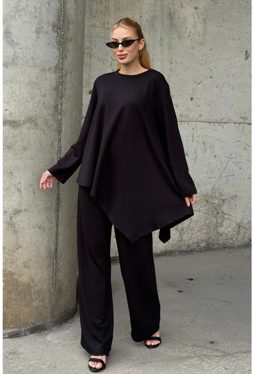 Rahat Kalıp Asimetrik Bluz Ve Pantolon Modal Kumaş Takım Siyah