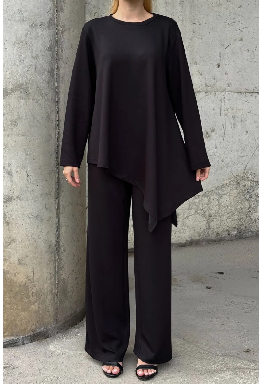 Rahat Kalıp Asimetrik Bluz Ve Pantolon Modal Kumaş Takım Siyah