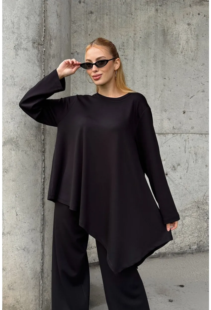 Rahat Kalıp Asimetrik Bluz Ve Pantolon Modal Kumaş Takım Siyah