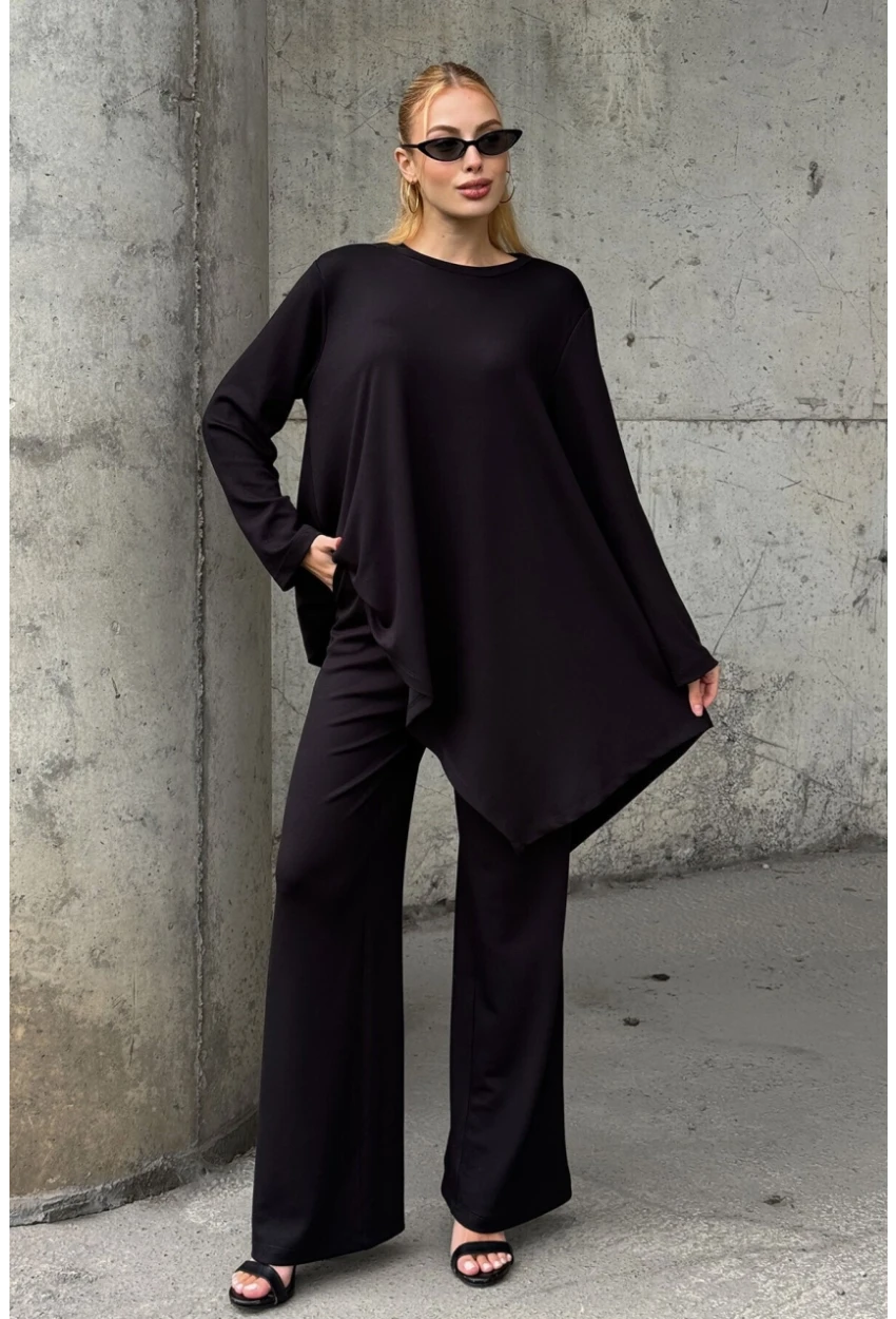 Rahat Kalıp Asimetrik Bluz Ve Pantolon Modal Kumaş Takım Siyah