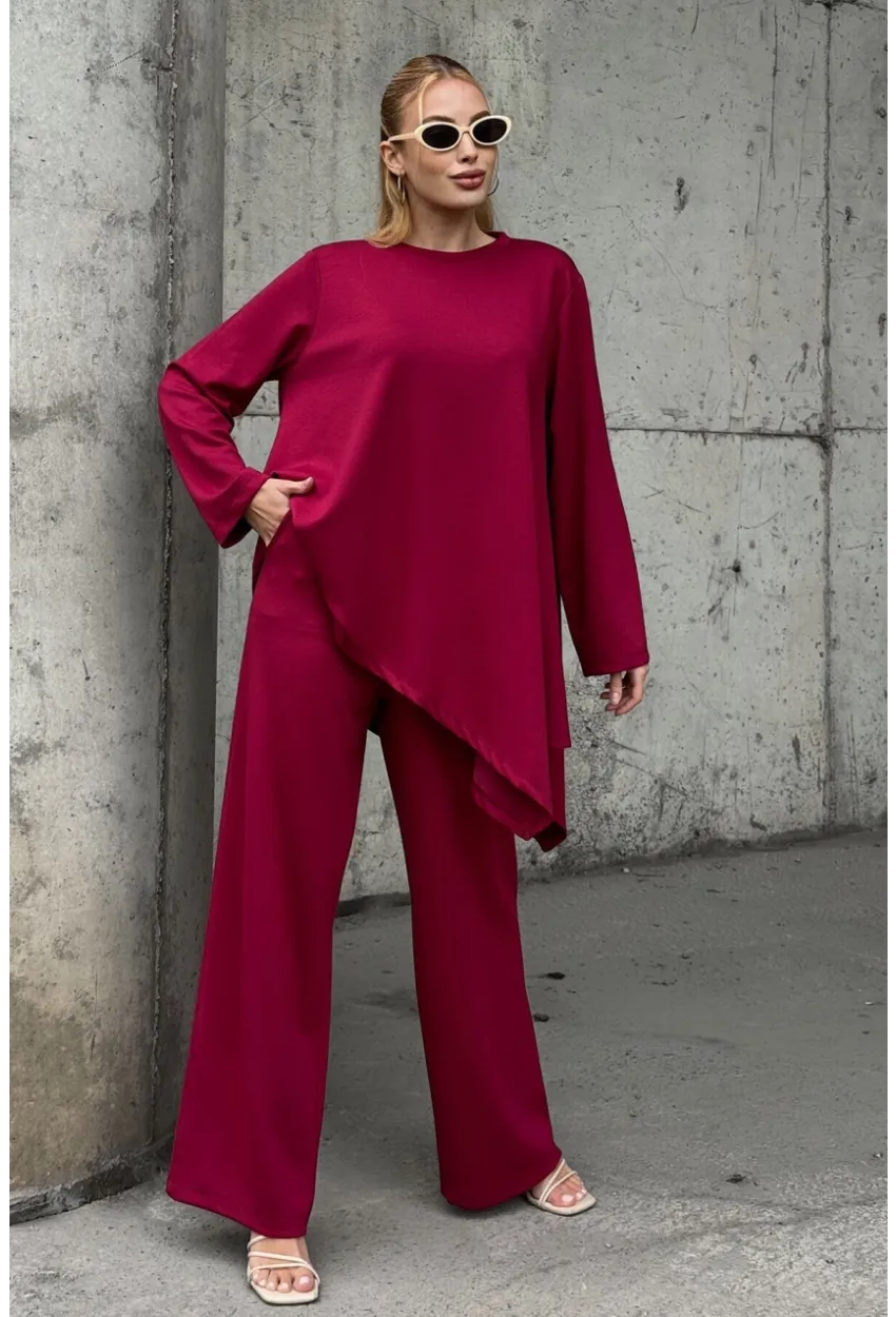 Rahat Kalıp Asimetrik Bluz Ve Pantolon Modal Kumaş Takım Bordo