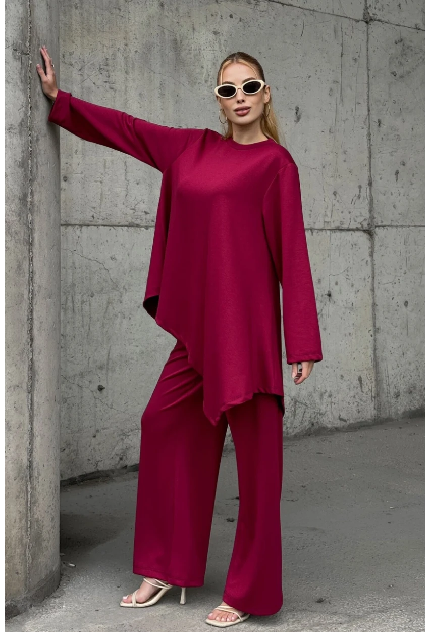 Rahat Kalıp Asimetrik Bluz Ve Pantolon Modal Kumaş Takım Bordo