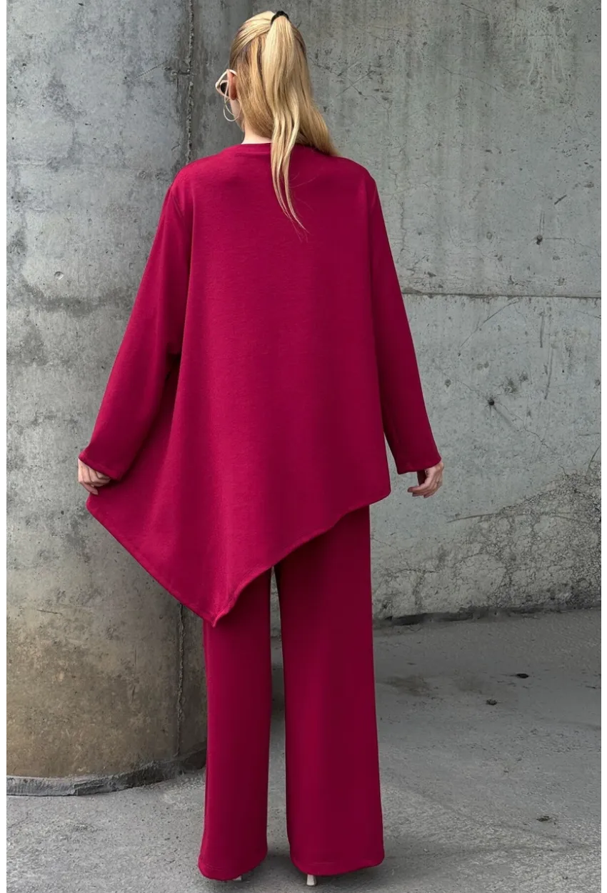 Rahat Kalıp Asimetrik Bluz Ve Pantolon Modal Kumaş Takım Bordo