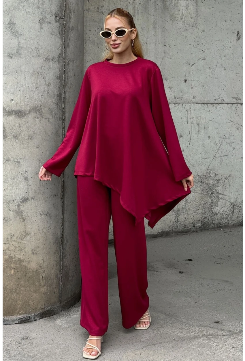 Rahat Kalıp Asimetrik Bluz Ve Pantolon Modal Kumaş Takım Bordo