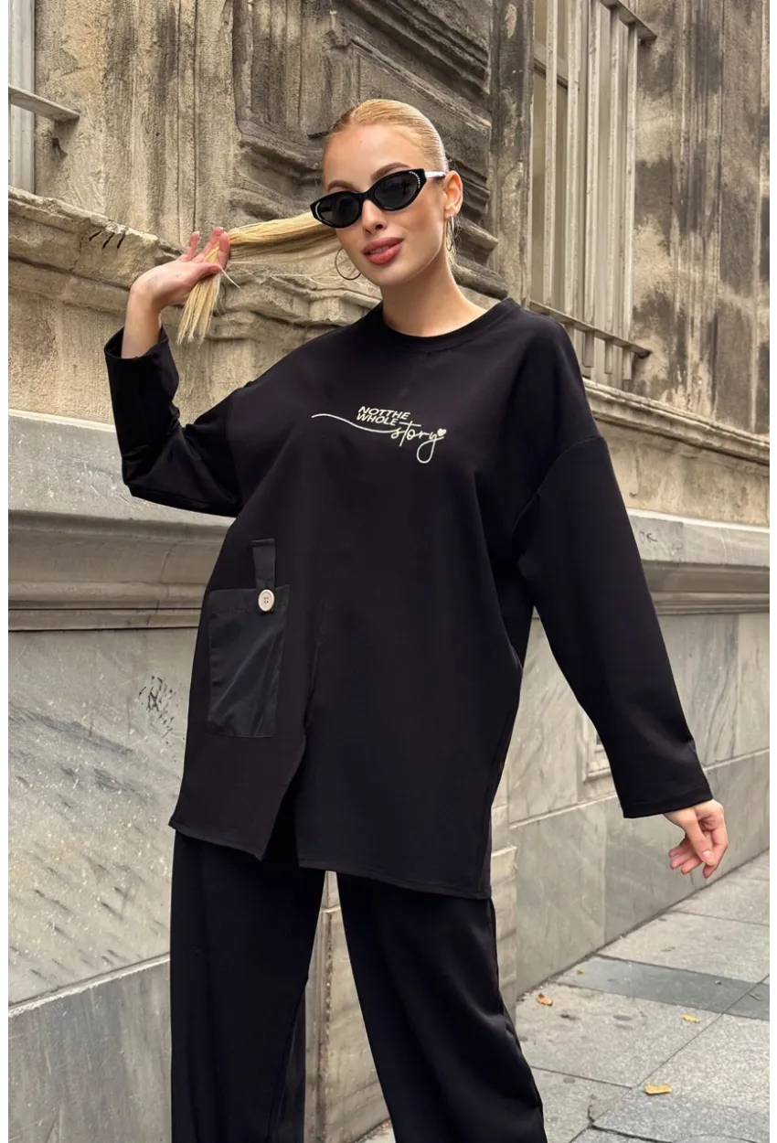 Siyah Cep Detay 2 İplik Kumaş Bluz ve Pantalon Alt Üst Takım