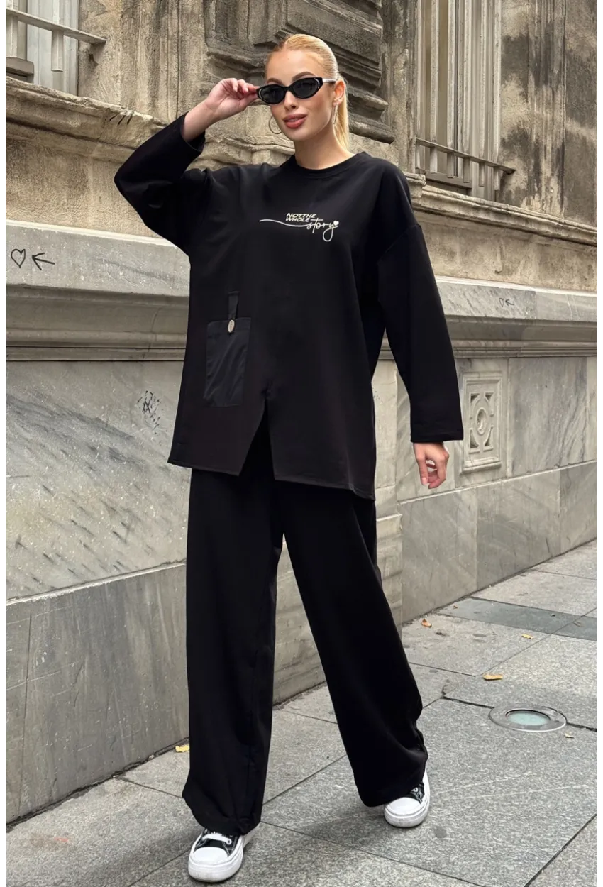 Siyah Cep Detay 2 İplik Kumaş Bluz ve Pantalon Alt Üst Takım