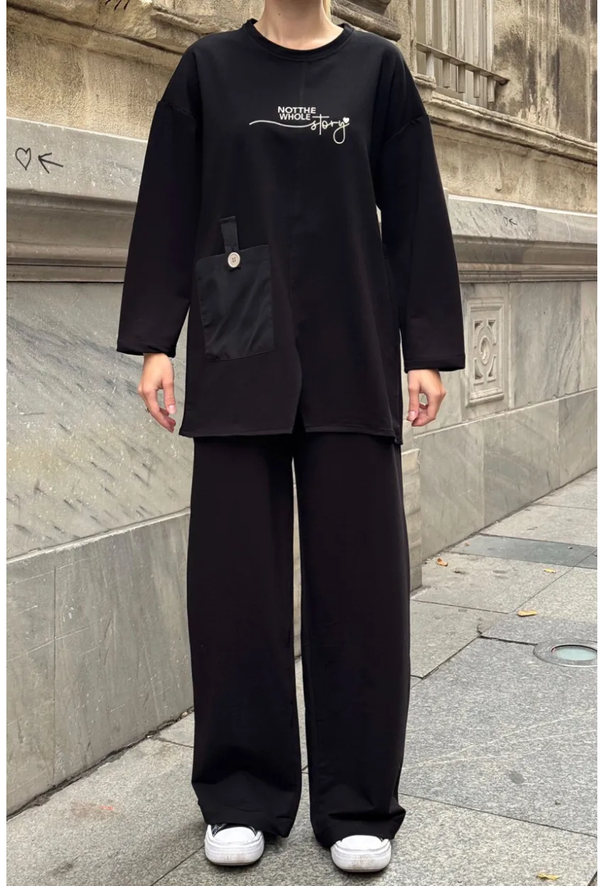Siyah Cep Detay 2 İplik Kumaş Bluz ve Pantalon Alt Üst Takım