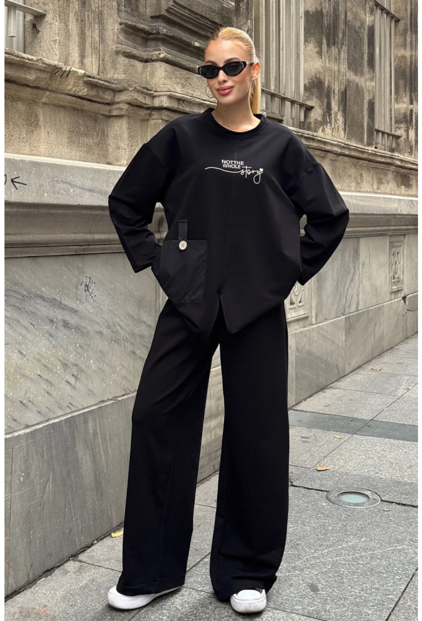 Siyah Cep Detay 2 İplik Kumaş Bluz ve Pantalon Alt Üst Takım