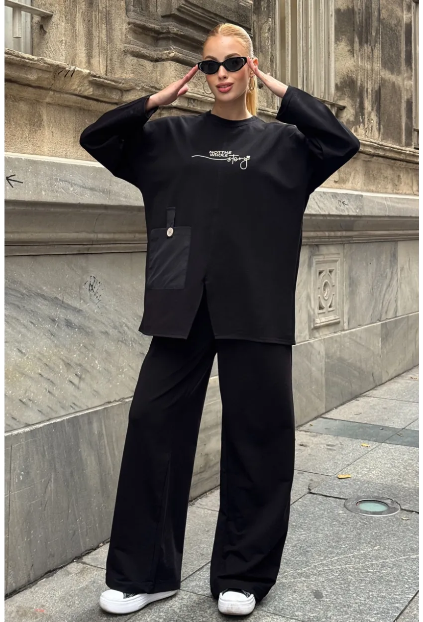 Siyah Cep Detay 2 İplik Kumaş Bluz ve Pantalon Alt Üst Takım