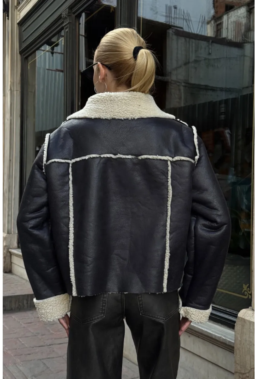 Siyah Çift Cepli İçi Suni Kürklü Biker Mont