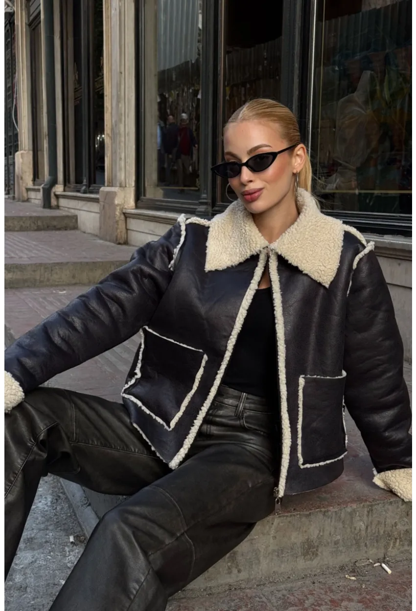 Siyah Çift Cepli İçi Suni Kürklü Biker Mont