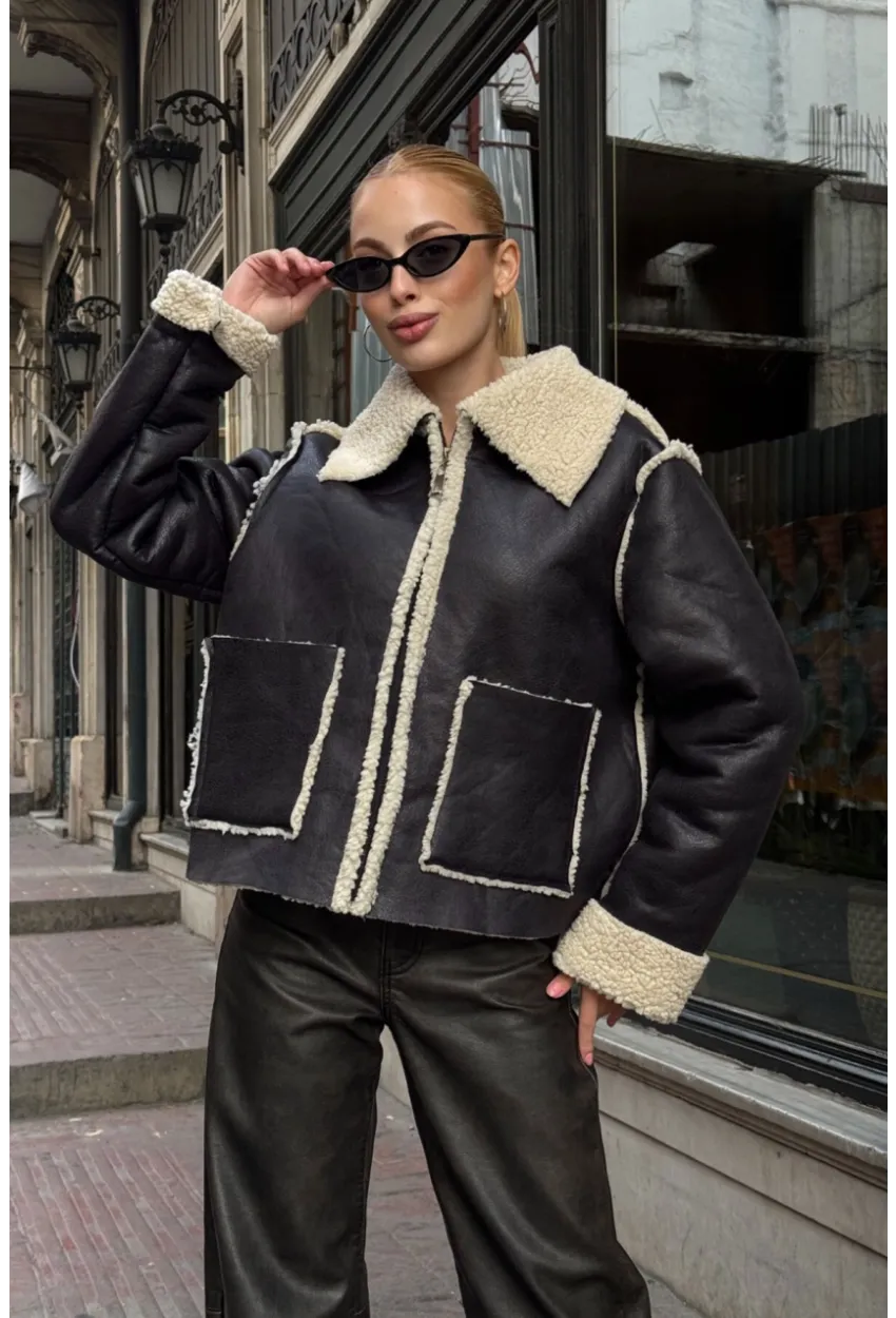 Siyah Çift Cepli İçi Suni Kürklü Biker Mont