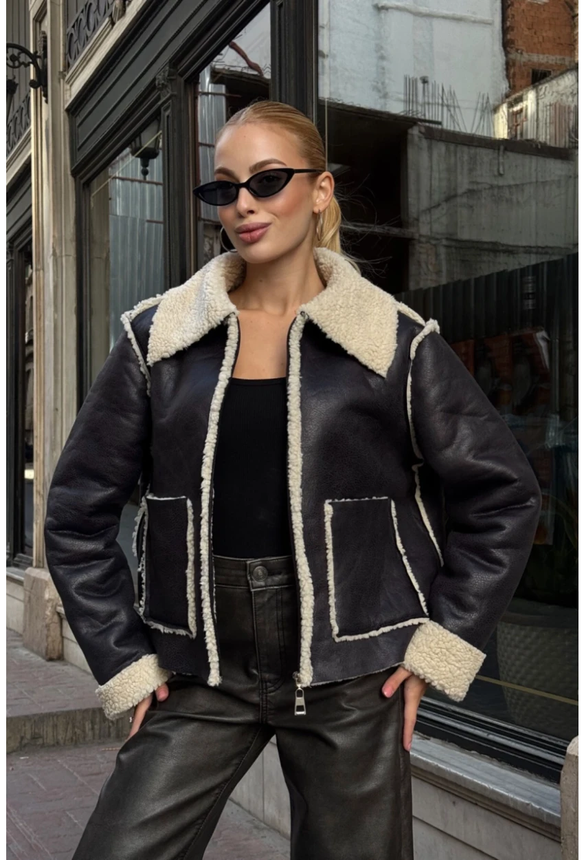 Siyah Çift Cepli İçi Suni Kürklü Biker Mont