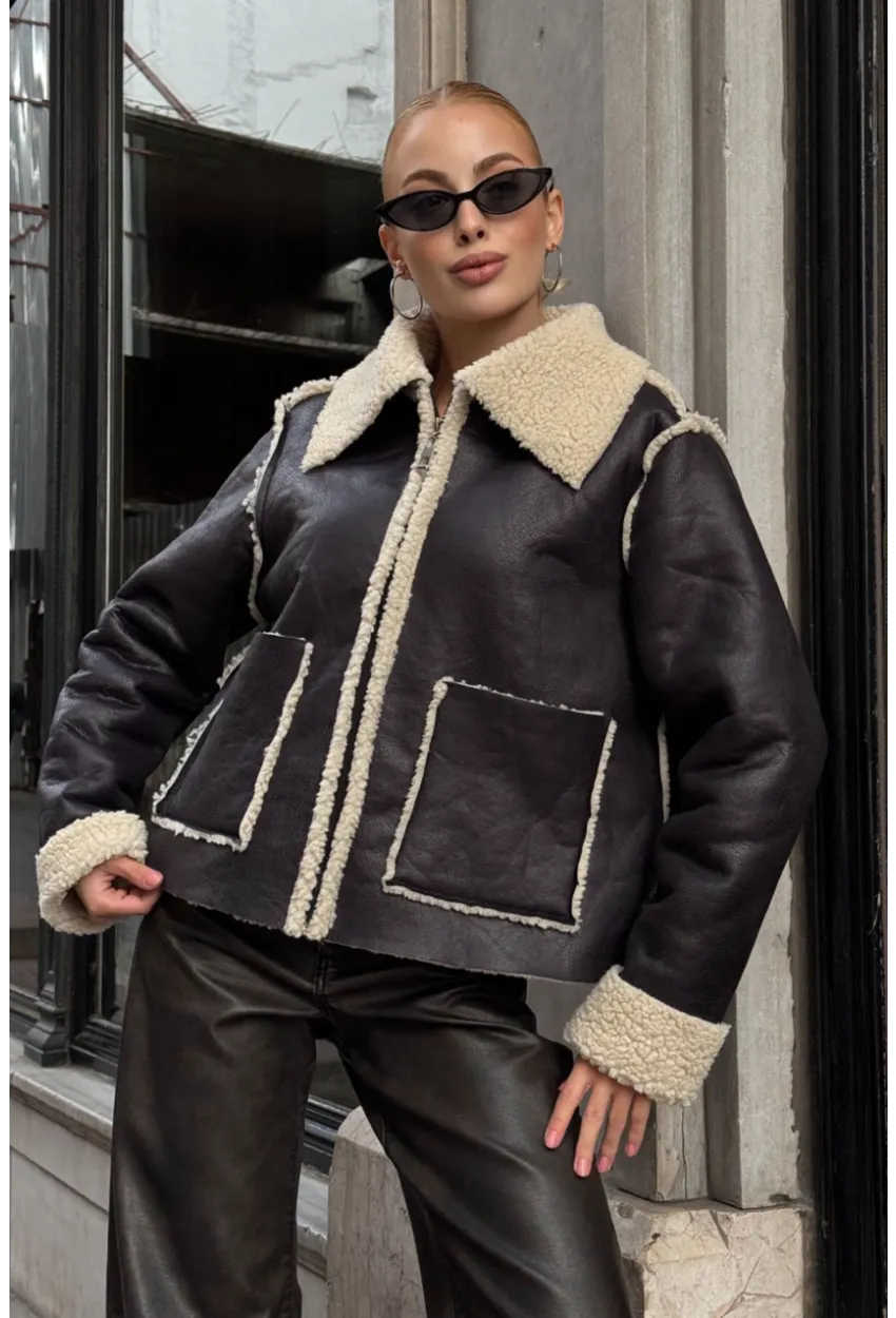 Siyah Çift Cepli İçi Suni Kürklü Biker Mont