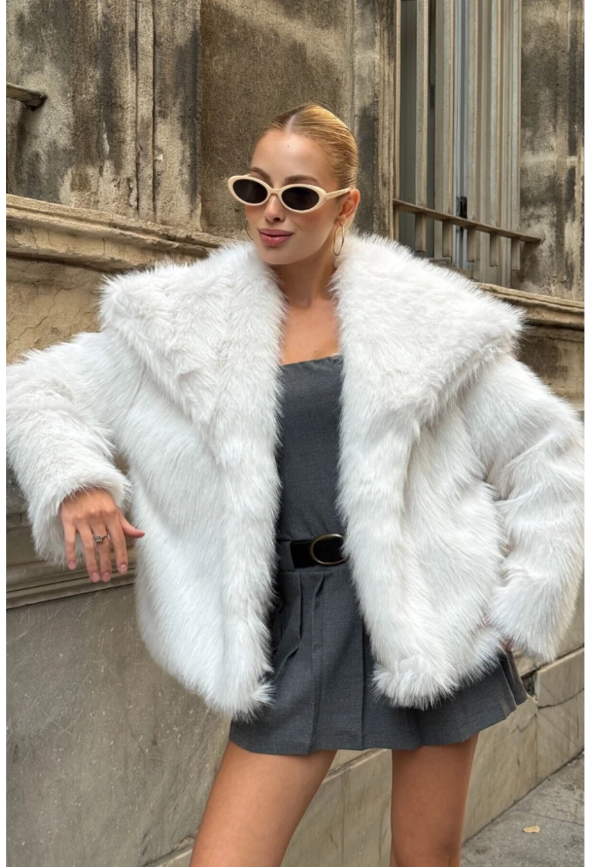 Suni Kürk Premium Peluş Ceket Ekru