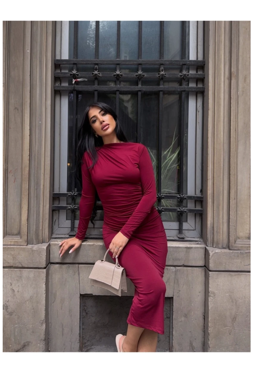 Yaka Detay Sandy Kumaş Elbise Bordo