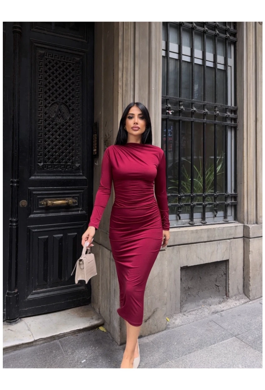 Yaka Detay Sandy Kumaş Elbise Bordo