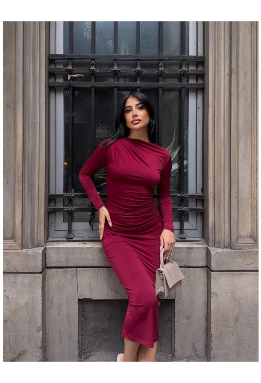 Yaka Detay Sandy Kumaş Elbise Bordo