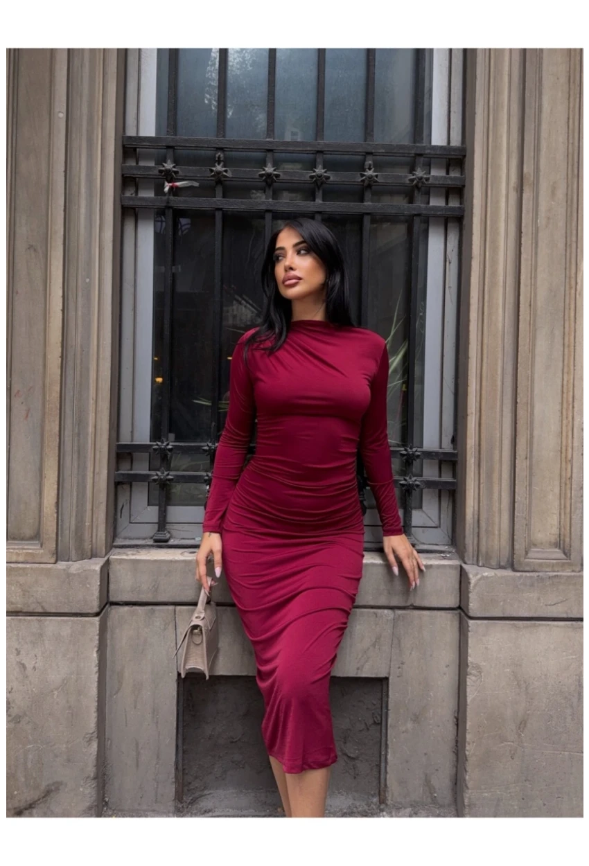 Yaka Detay Sandy Kumaş Elbise Bordo