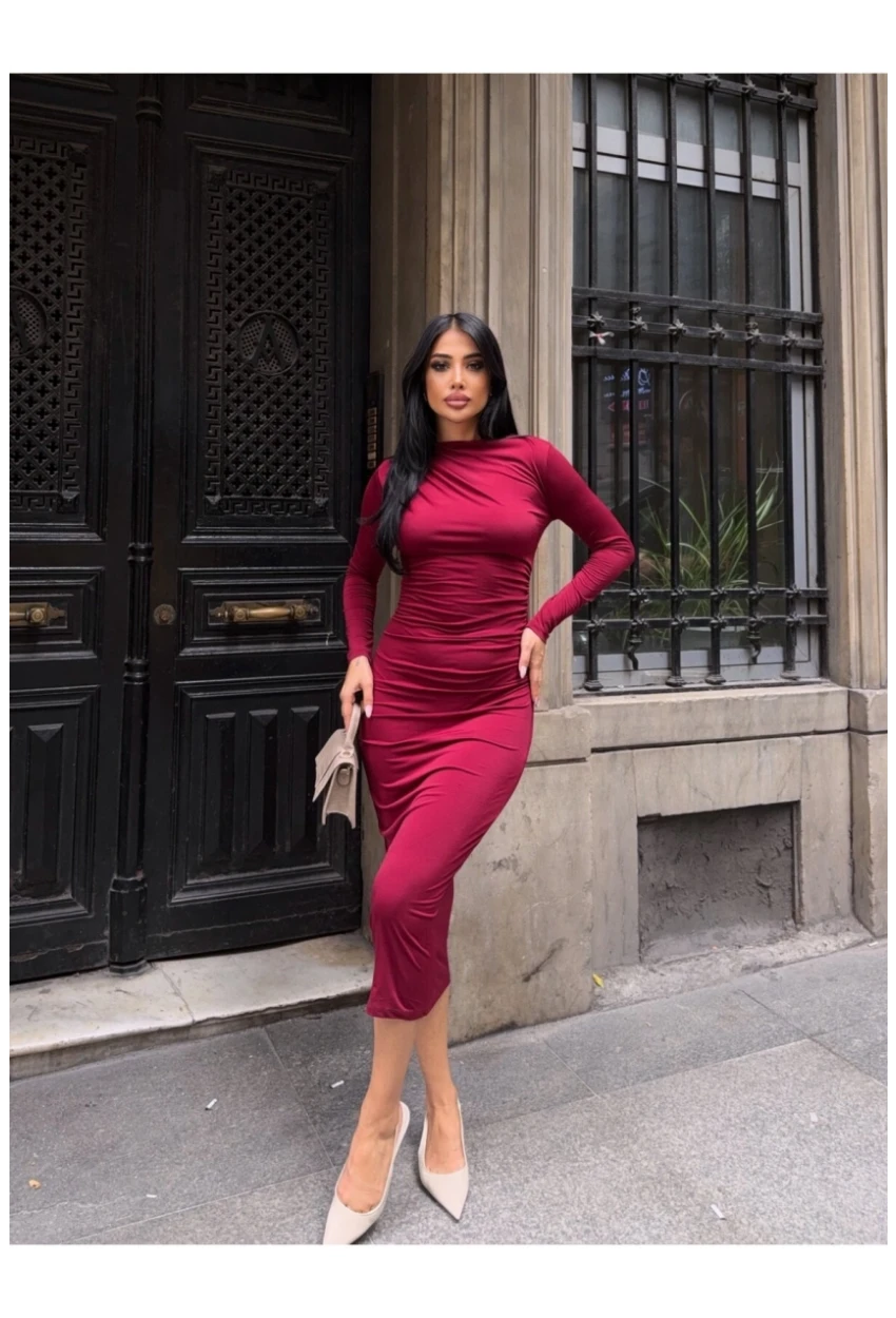 Yaka Detay Sandy Kumaş Elbise Bordo