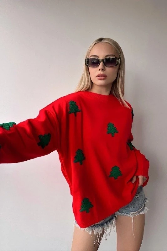 Yılbaşı Özel Çam Ağacı Nakışlı Kırmızı Triko Kazak