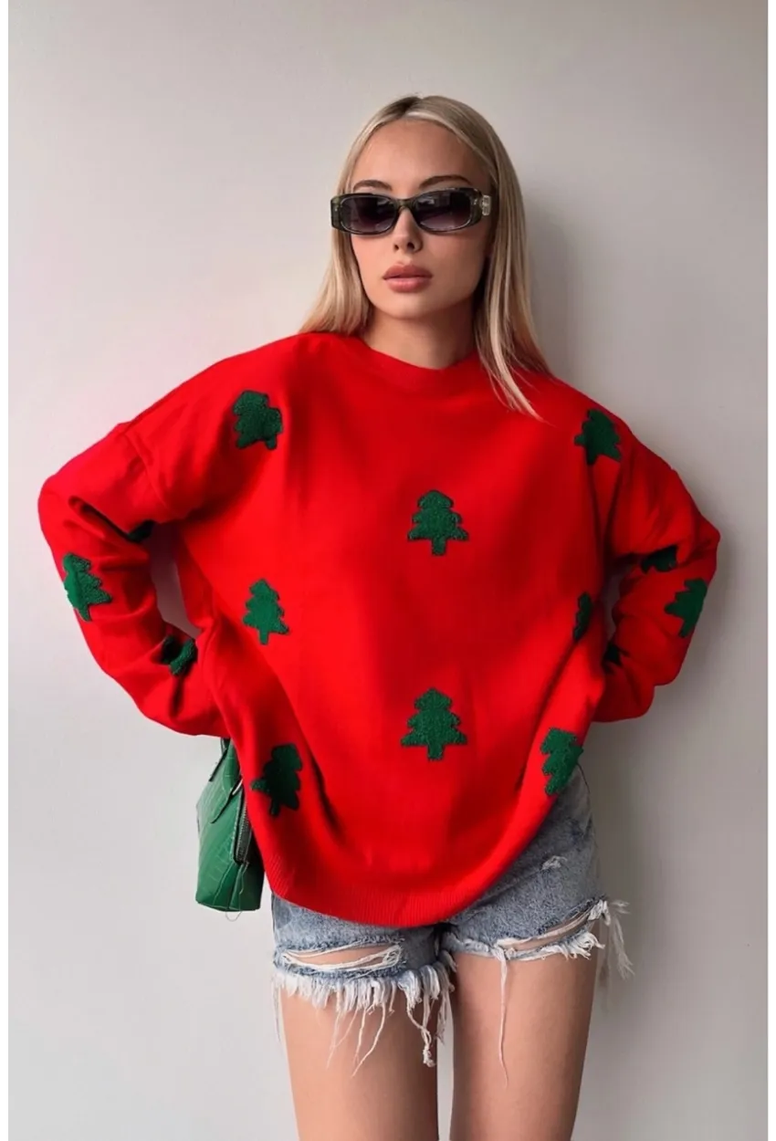 Yılbaşı Özel Çam Ağacı Nakışlı Kırmızı Triko Kazak