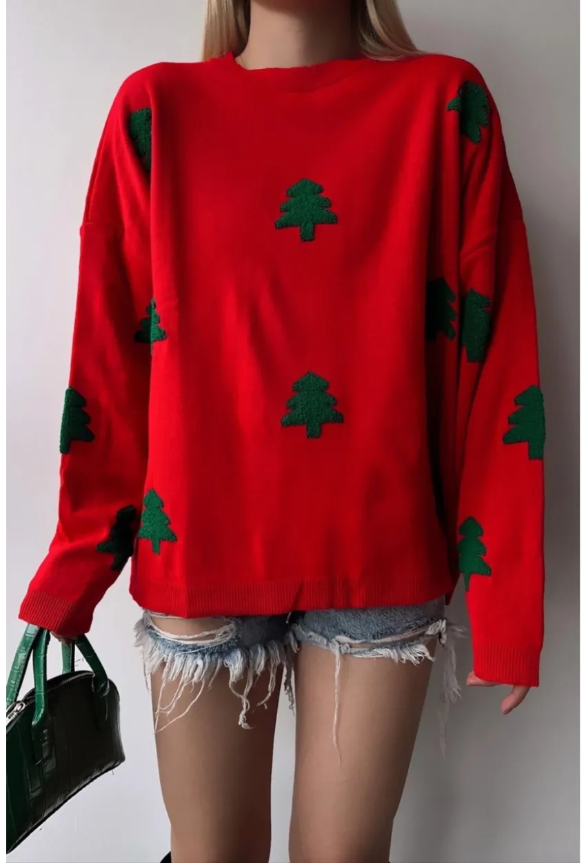 Yılbaşı Özel Çam Ağacı Nakışlı Kırmızı Triko Kazak