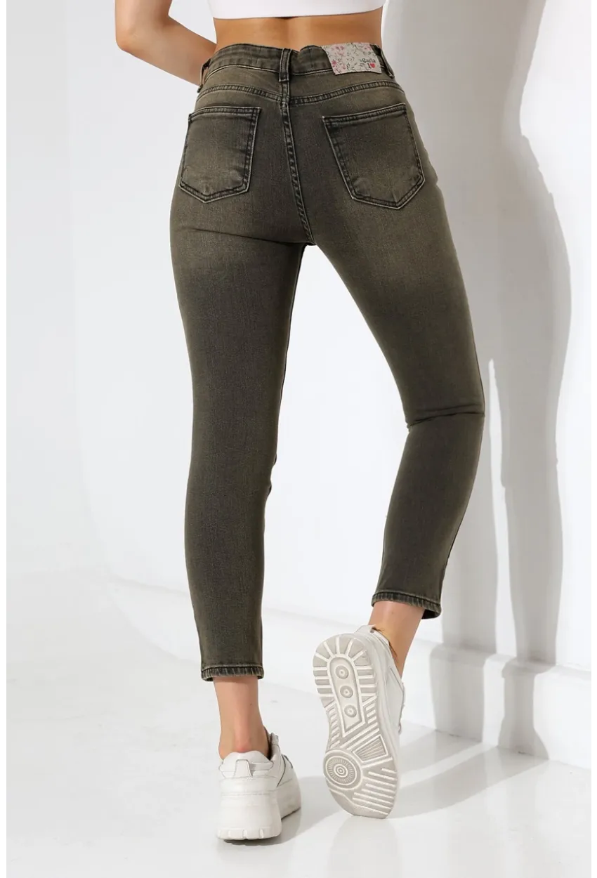 Yüksek Bel Dar Paça Yıkamalı Kadın Jean Haki