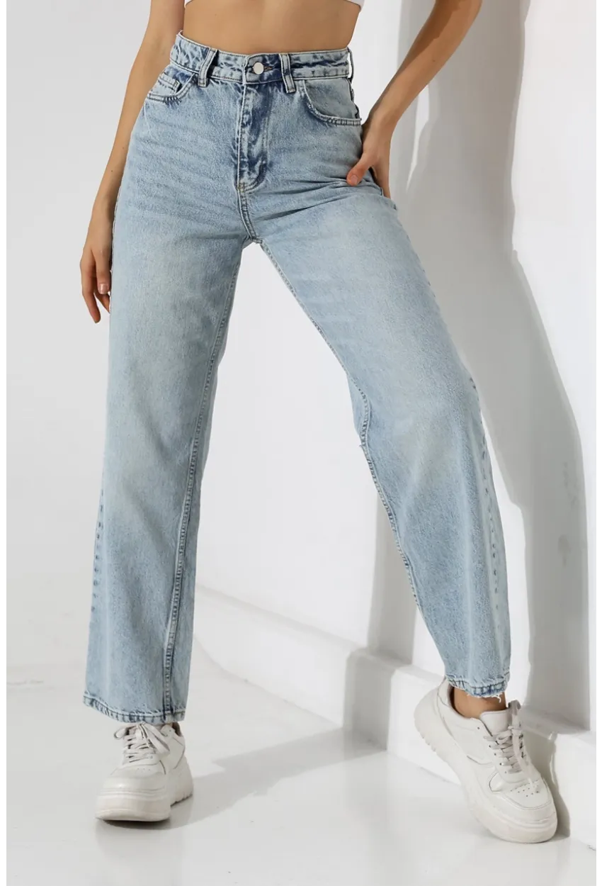 Yüksek Bel Düz Kesim Açık Mavi Jean