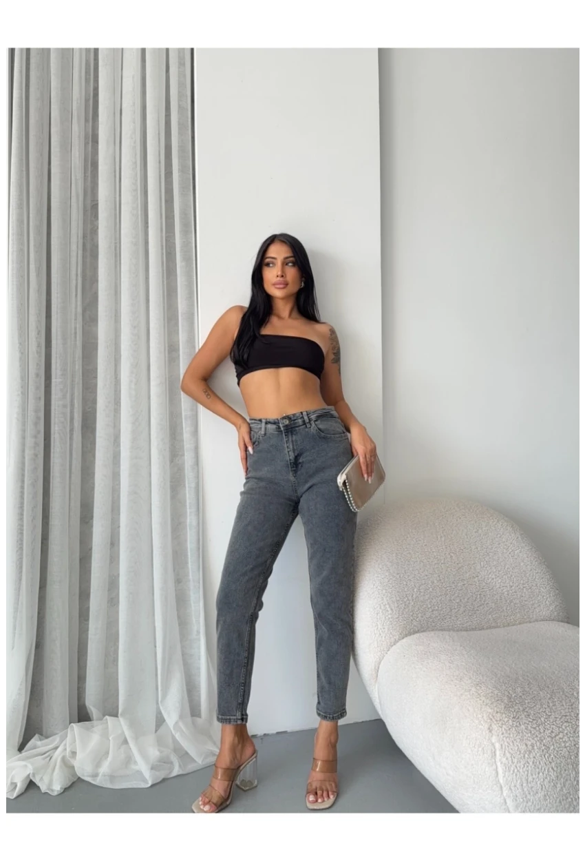 Yüksek Bel Yıkamalı Antrasit Mom Jean