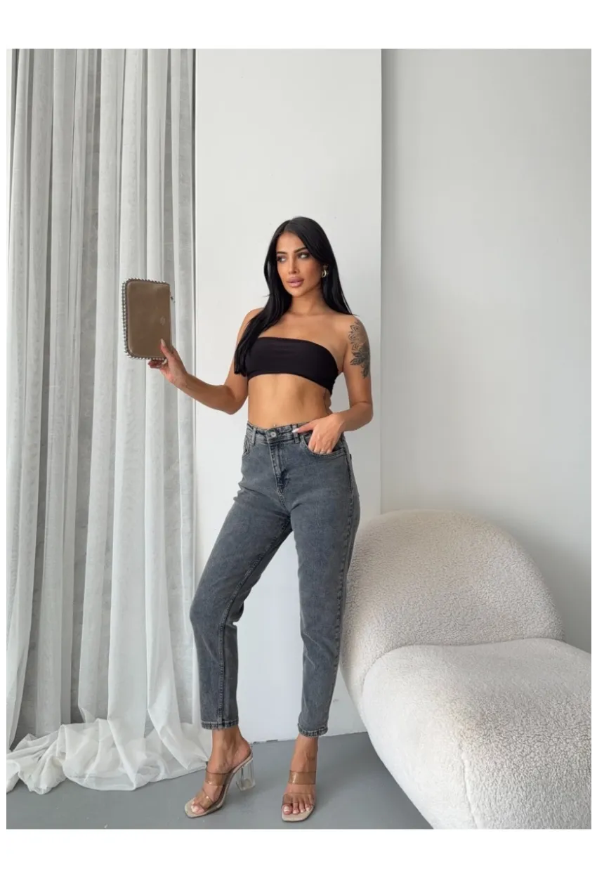 Yüksek Bel Yıkamalı Antrasit Mom Jean