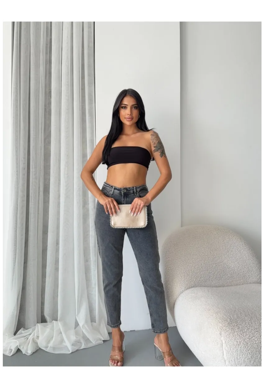 Yüksek Bel Yıkamalı Antrasit Mom Jean