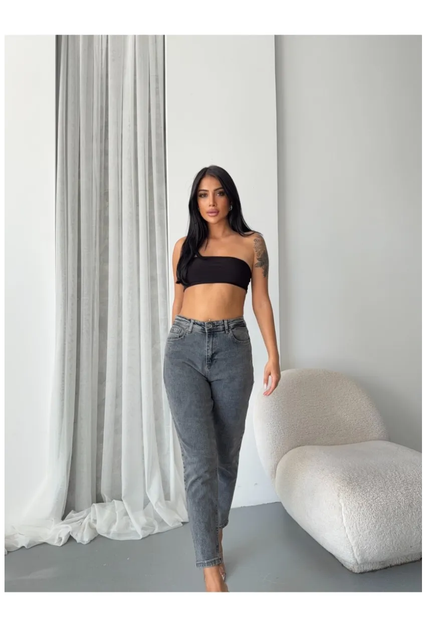 Yüksek Bel Yıkamalı Antrasit Mom Jean
