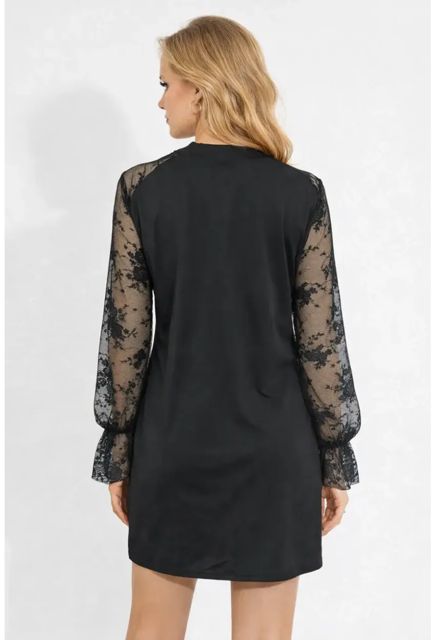 Siyah Dantel Kol Detaylı Salaş Kesim Mini Elbise