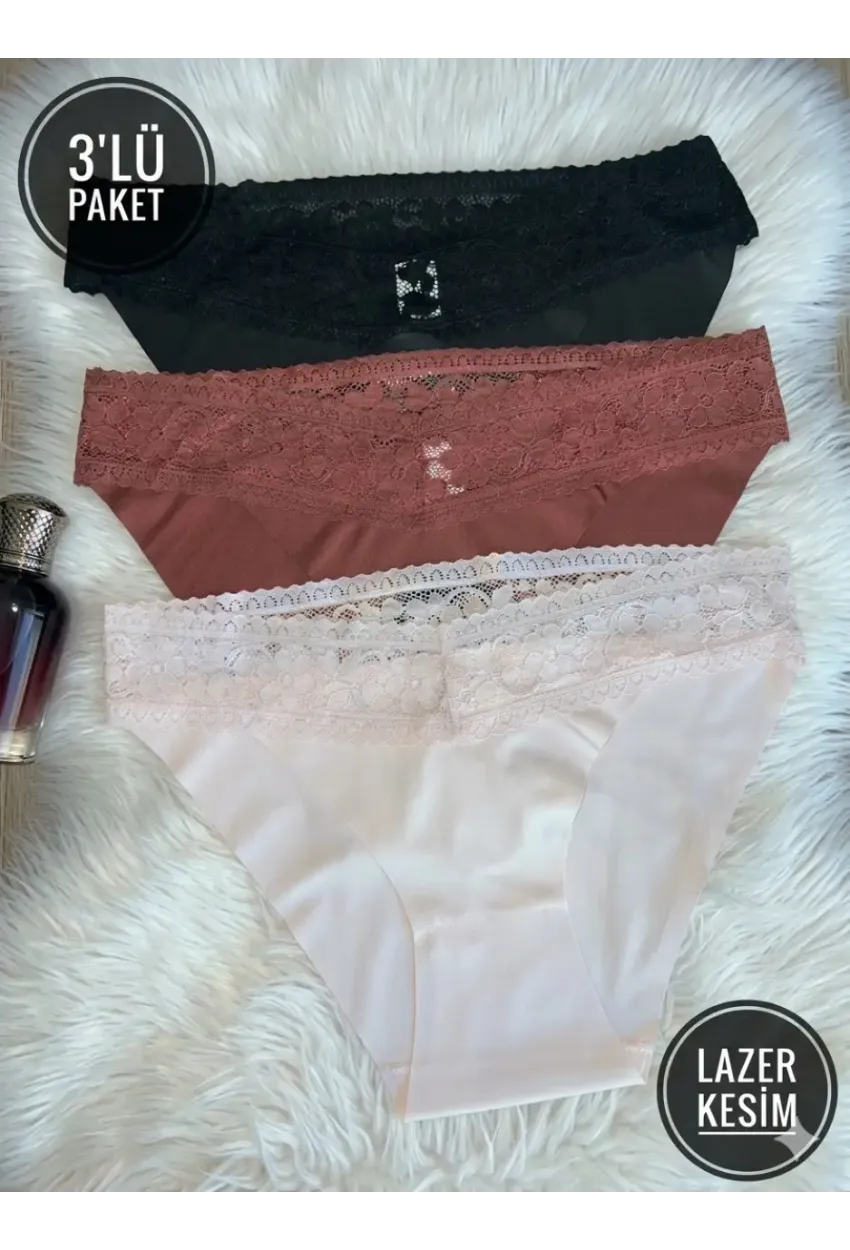 3lü Pamuklu Dantelli Dikişsiz Külot