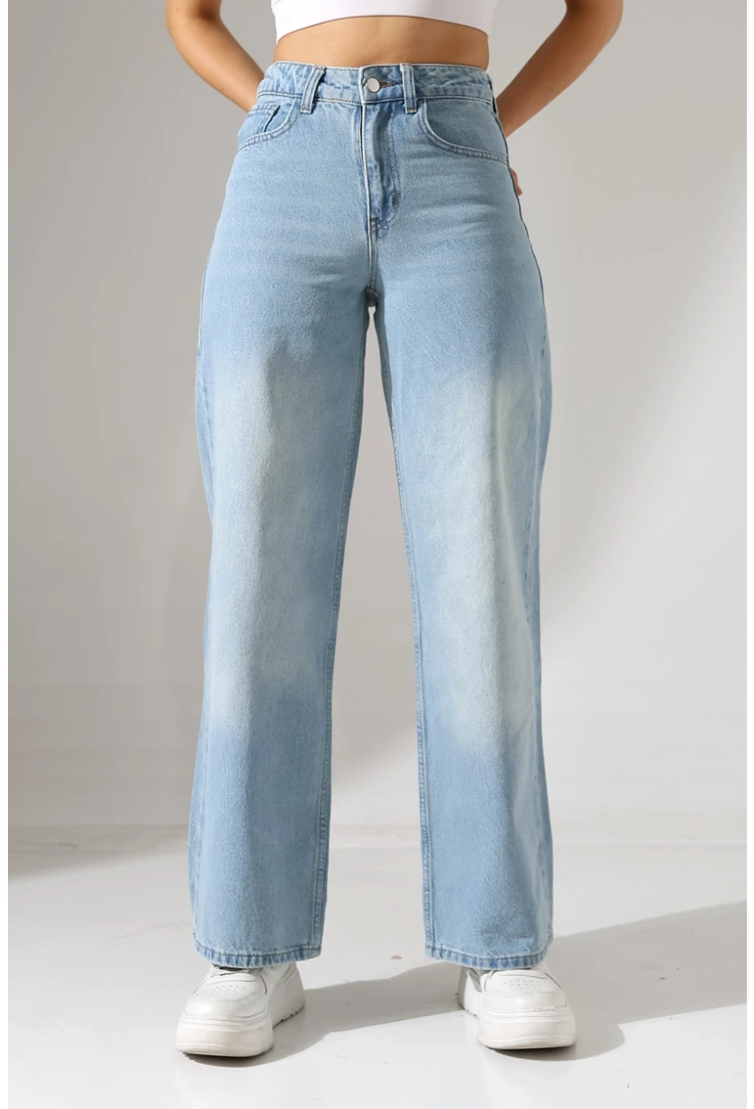 Açık Mavi Yüksek Bel Wide Leg Jean Pantolon