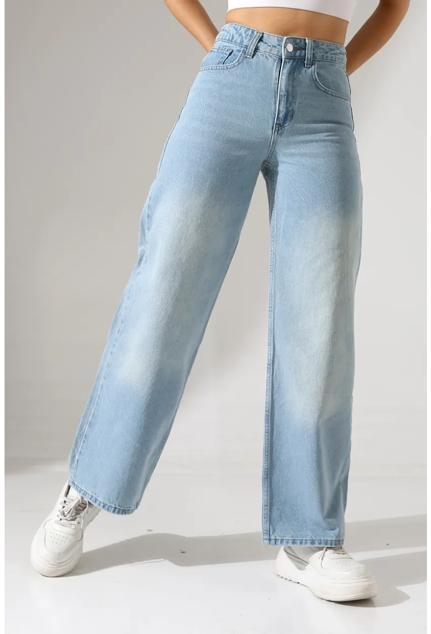 Açık Mavi Yüksek Bel Wide Leg Jean Pantolon