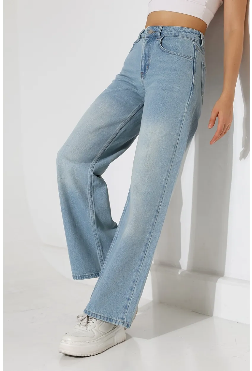 Açık Mavi Yüksek Bel Wide Leg Jean Pantolon