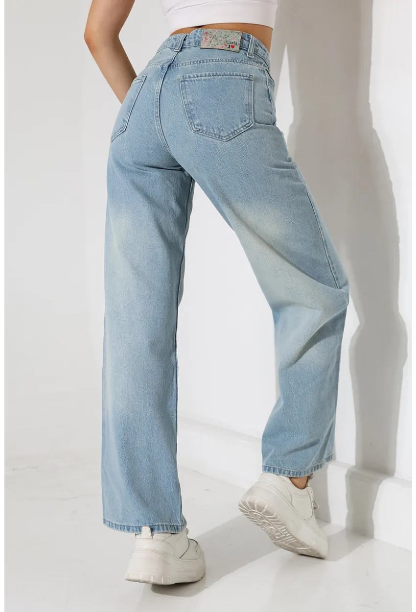 Açık Mavi Yüksek Bel Wide Leg Jean Pantolon