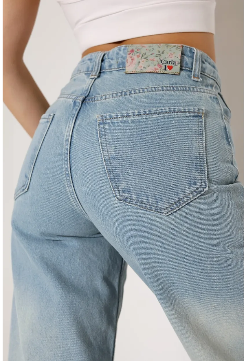 Açık Mavi Yüksek Bel Wide Leg Jean Pantolon