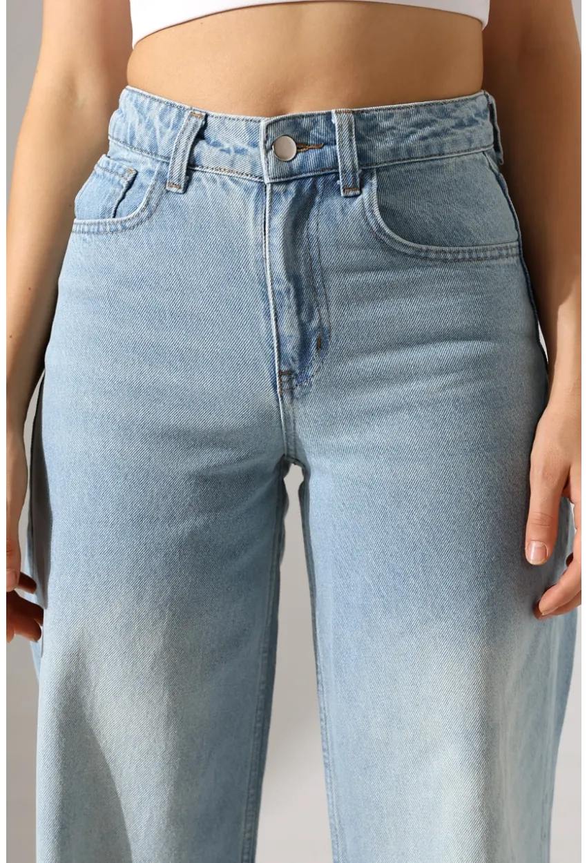 Açık Mavi Yüksek Bel Wide Leg Jean Pantolon