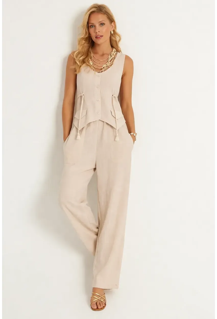 Askılı Yanları Halat Detaylı Gömlek Pantolon Keten Takım