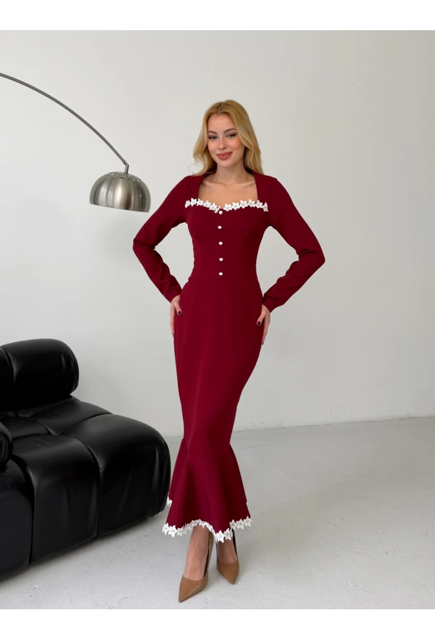 Atlas Kumaş Güpür Dantel Detay Midi Boy Elbise Bordo
