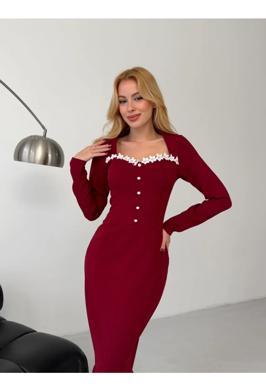 Atlas Kumaş Güpür Dantel Detay Midi Boy Elbise Bordo