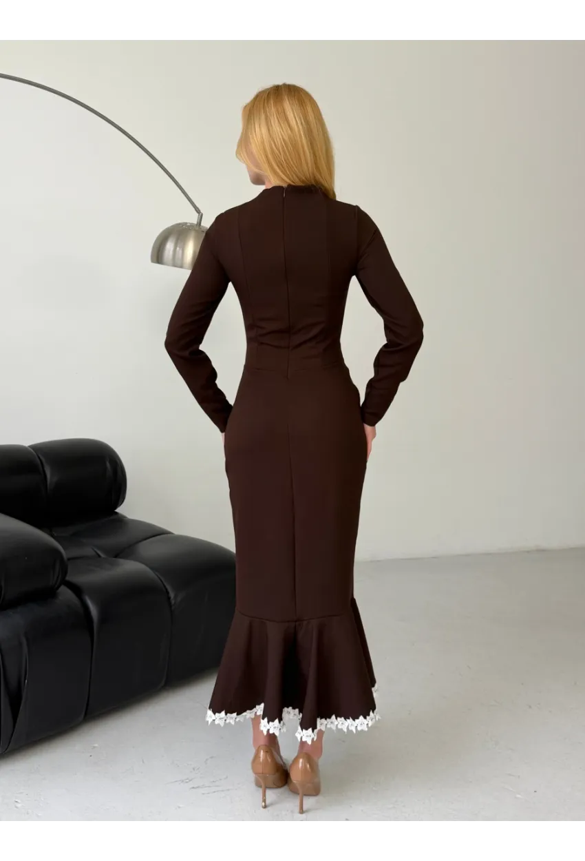 Atlas Kumaş Güpür Dantel Detay Midi Boy Elbise Kahve