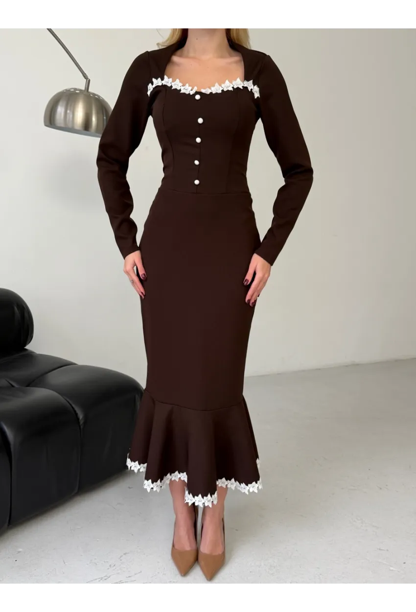 Atlas Kumaş Güpür Dantel Detay Midi Boy Elbise Kahve