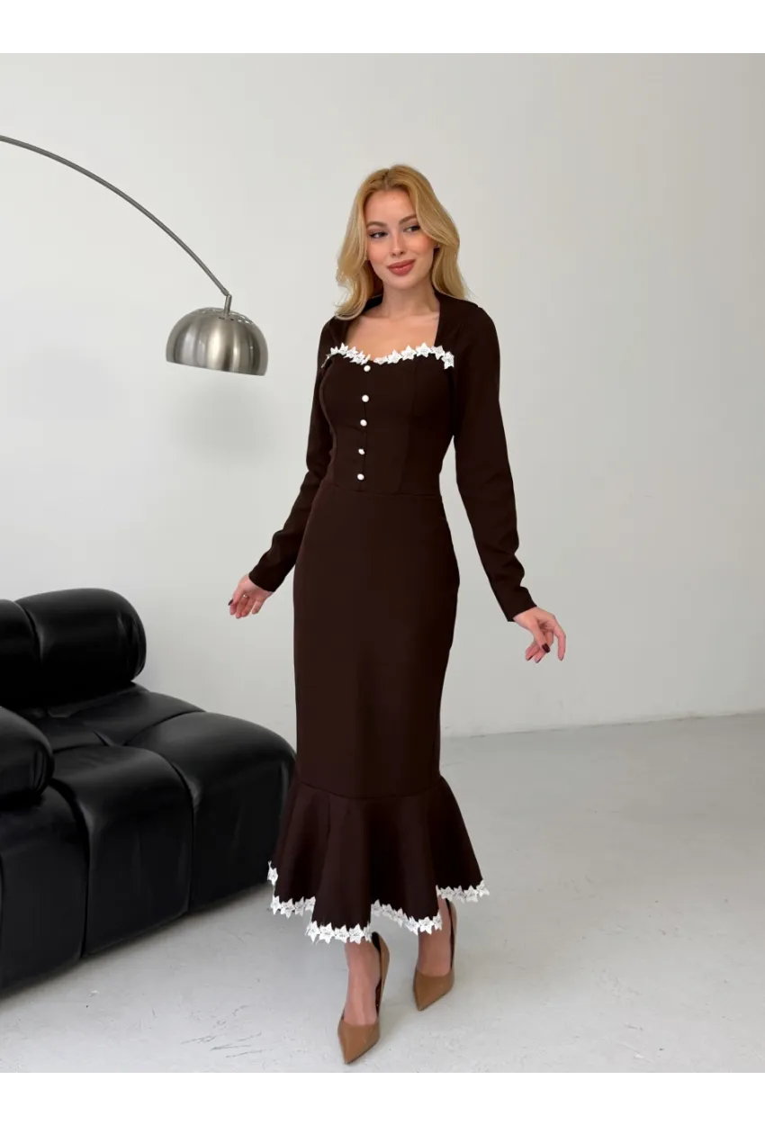 Atlas Kumaş Güpür Dantel Detay Midi Boy Elbise Kahve