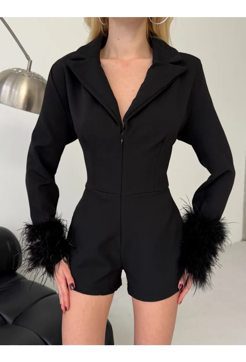 Atlas Kumaş Tüy Detaylı Mini Şort Tulum Siyah