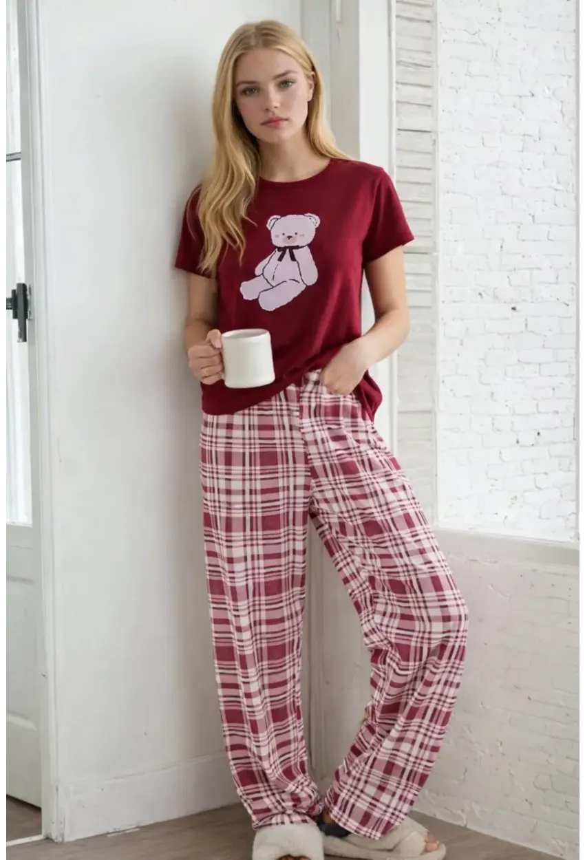 Ayıcık Baskılı Ekose Alt Kadın Pijama Takımı – Bordo Rahat Seri